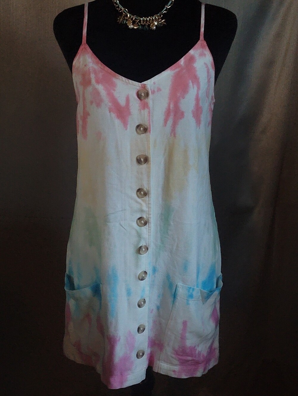 Tie-Dye Button Front Sundress in Pink, Blue, Green
